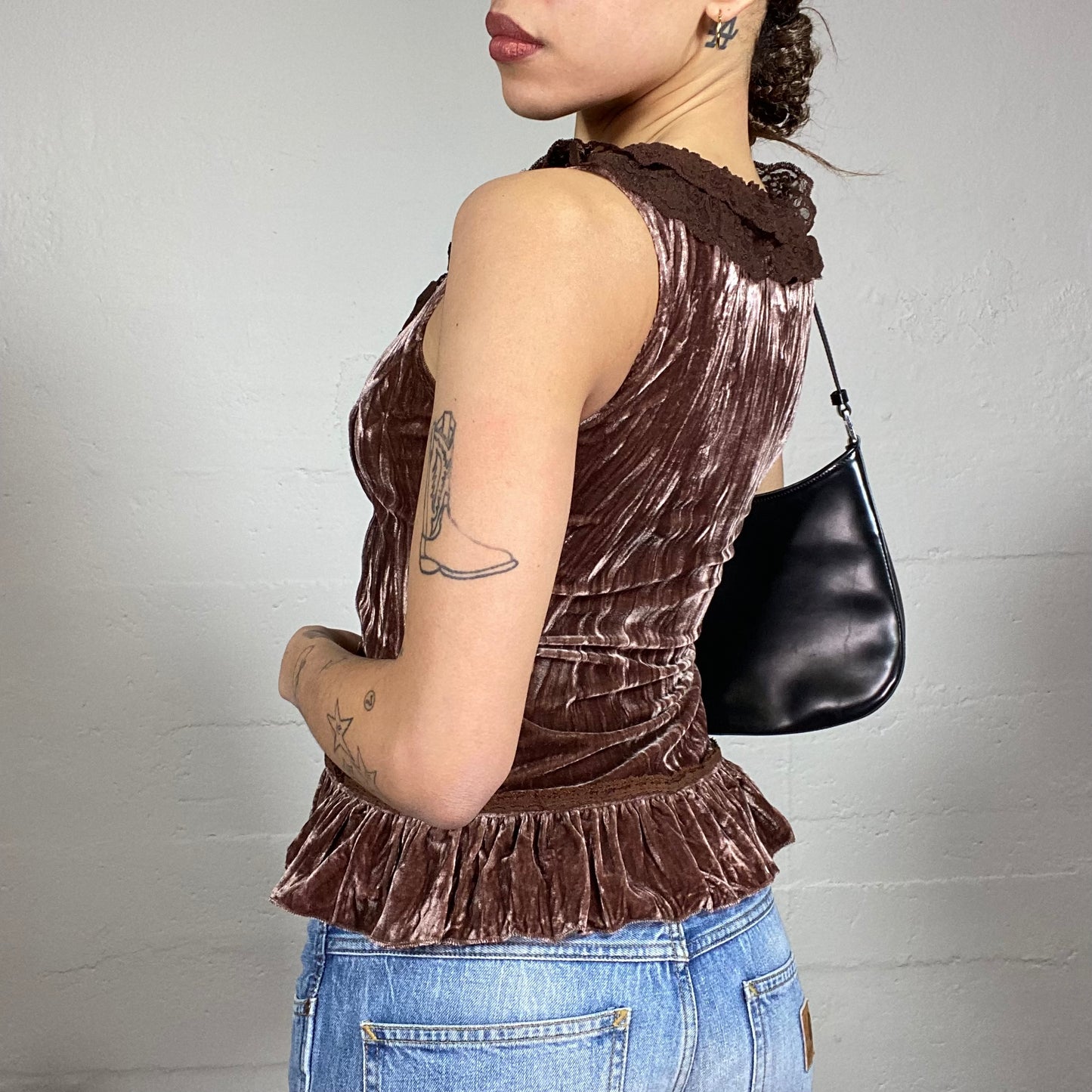 Vintage 2000's Whimsgoth Brown Corset Top with Velvet Material and Frilled Neck Collar Trim Detail (S)