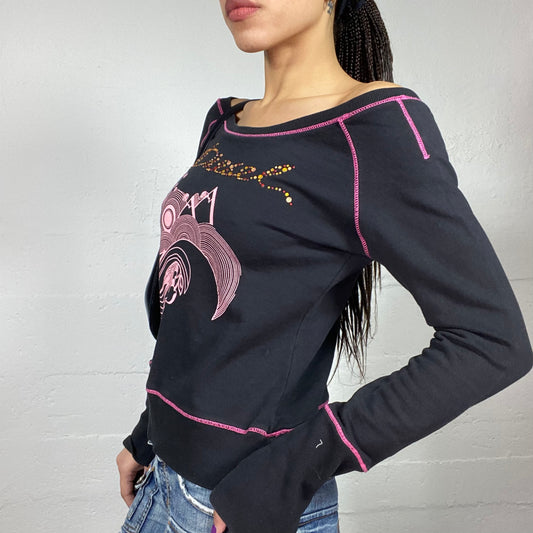 Vintage 2000's Diesel Girl Pop Black Open Neck Longsleeve Top with Pink Disco Print (M)
