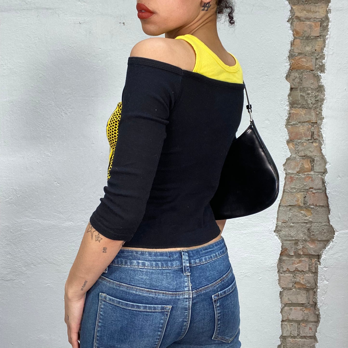 Vintage 90's Streetstyle Balck Off Shoulder Top with Yellow Print and Tank Top Detail (S/M)