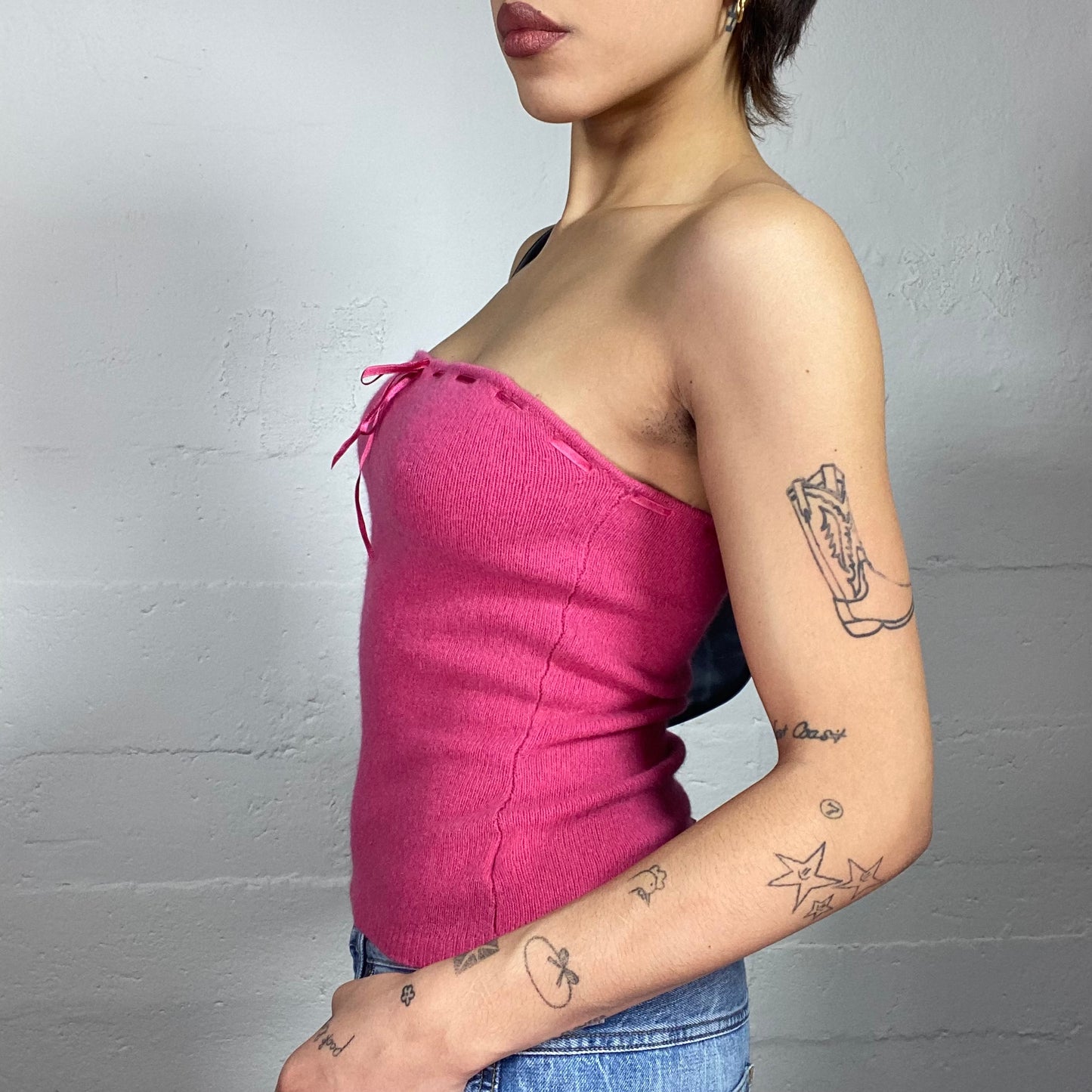 Vintage 2000's Cute Girl Pink Strapless Knitted Top with Satin Ribbon Detail (S/M)