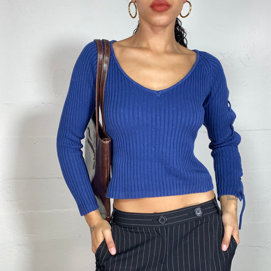 Vintage 2000's Electric Blue V-Neck Pullover with Lace Up Longsleeve Detail (S)