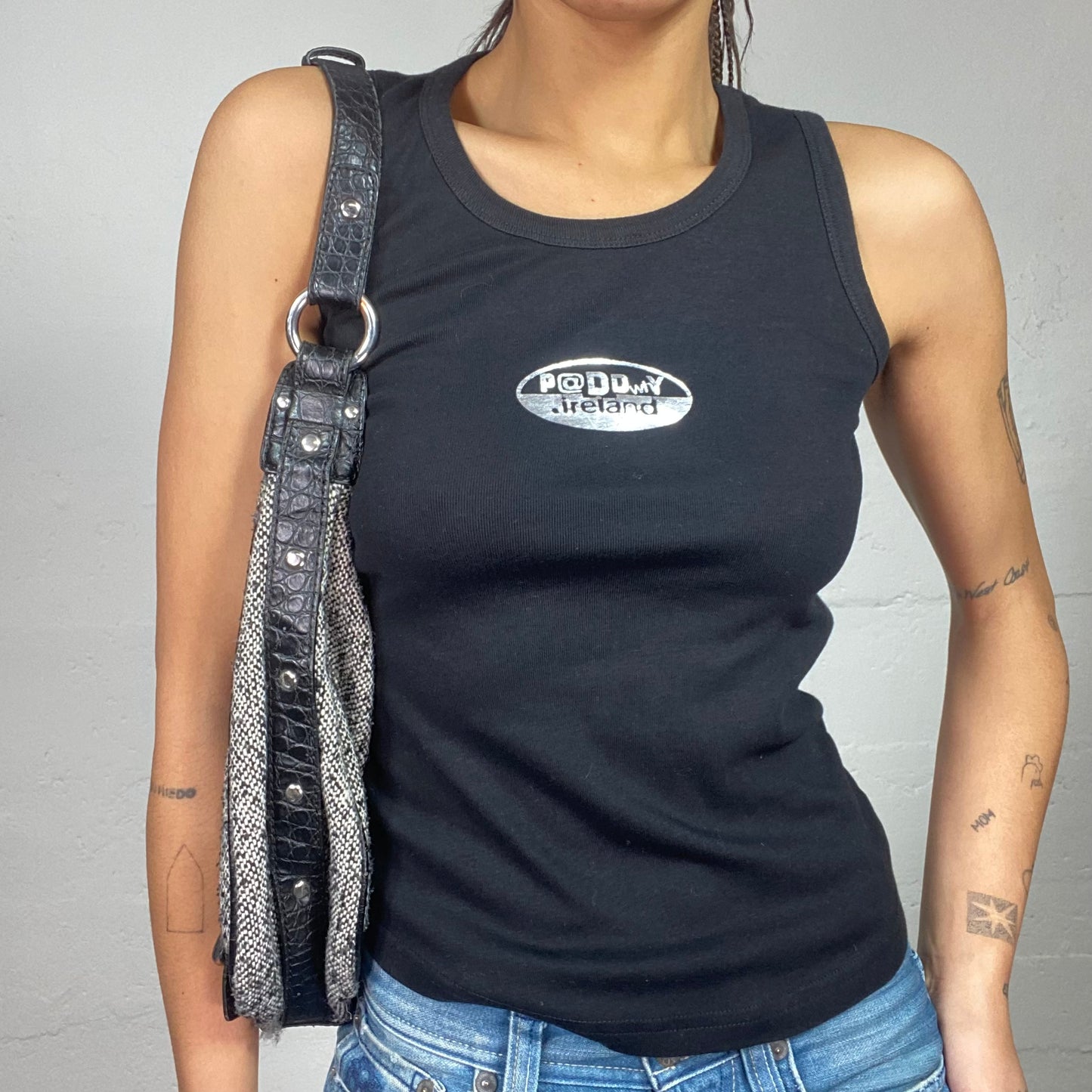 Vintage 2000's Downtown Girl Black Top with "P@dowy" Silver Print (S)