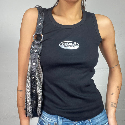 Vintage 2000's Downtown Girl Black Top with "P@dowy" Silver Print (S)