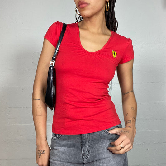 Vintage 2000's Ferrari Sporty Red Top with Brand Logo Badge Print (XS/S)