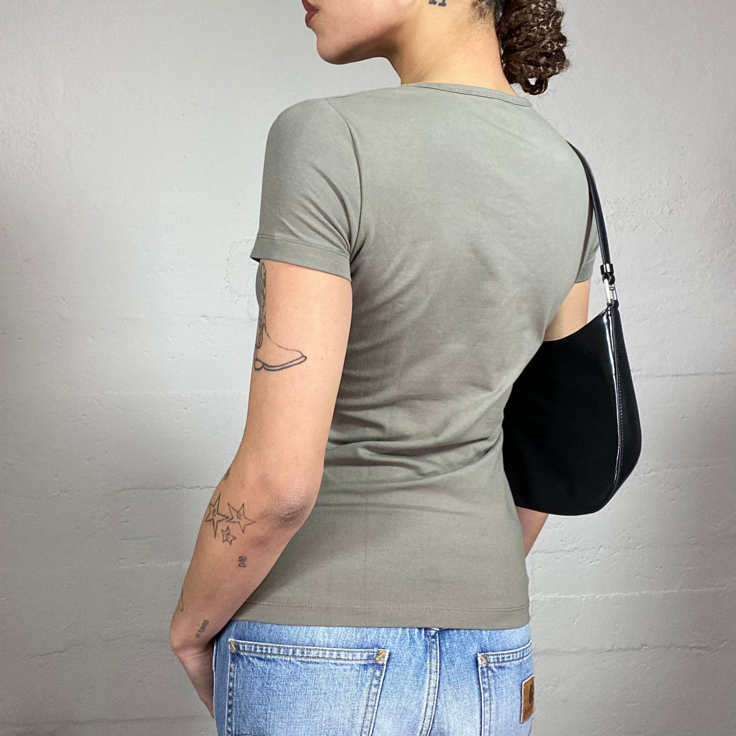 Vintage 2000's Pepe Jeans Downtown Girl Khaki Top with Brand Strass Print (S)