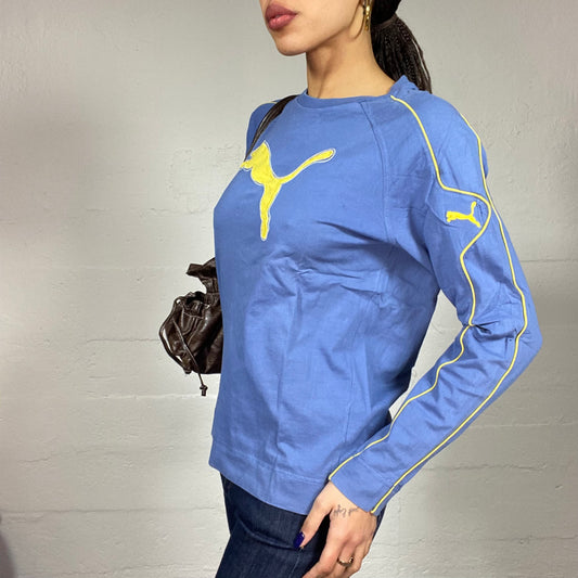 Vintage 2000's Puma Sporty Blue Longsleeve Top with Yellow Brand Logo Print (M)