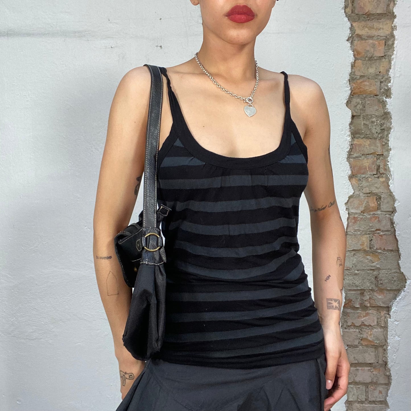 Vintage 2000's Downtown Girl Balck and Grey Striped Tank Top (S)