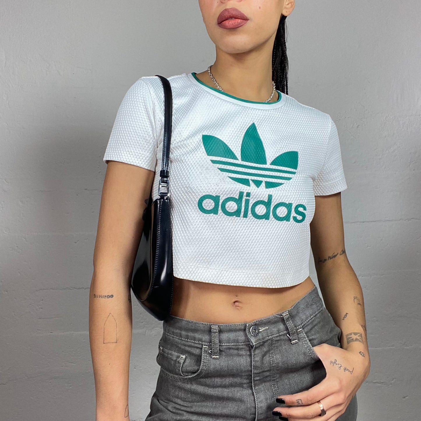 Vintage 2000 s Adidas Sporty White Crop Top with Fishnet Material and Michelle Tamar