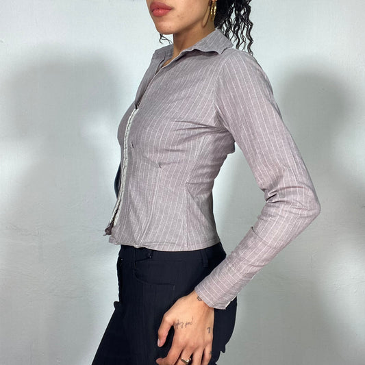 Vintage 2000's Model of Duty Grey Pinstripes Shirt with Silver Hook Closure(S)