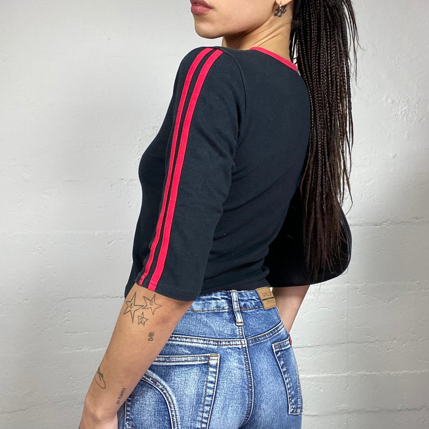 Vintage 2000's Sporty Black Longsleeve Top with Red Heart Print (S)