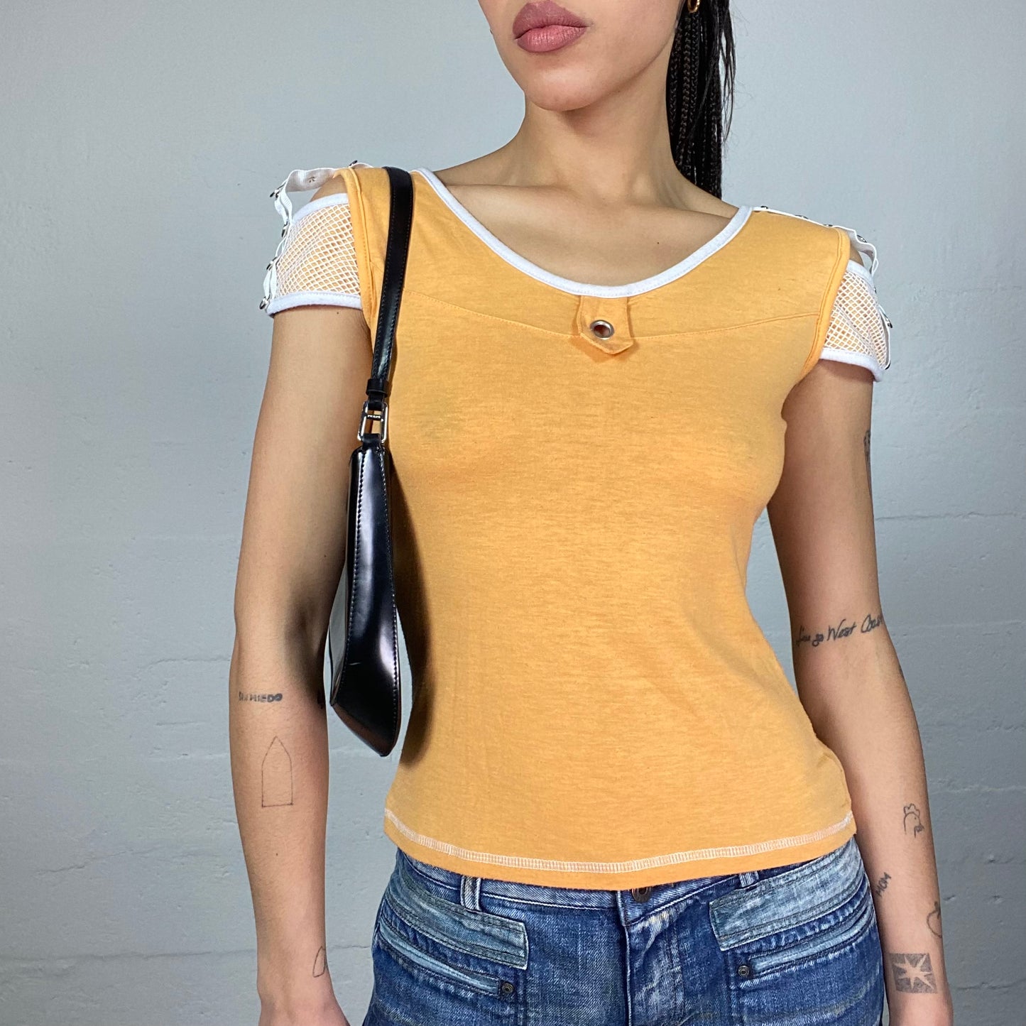 Vintage 2000's Cheetah Girl Orange Top with White Maille Sleeve Detail (S/M)