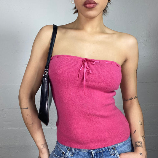 Vintage 2000's Cute Girl Pink Strapless Knitted Top with Satin Ribbon Detail (S/M)