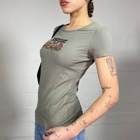 Vintage 2000's Pepe Jeans Downtown Girl Khaki Top with Brand Strass Print (S)