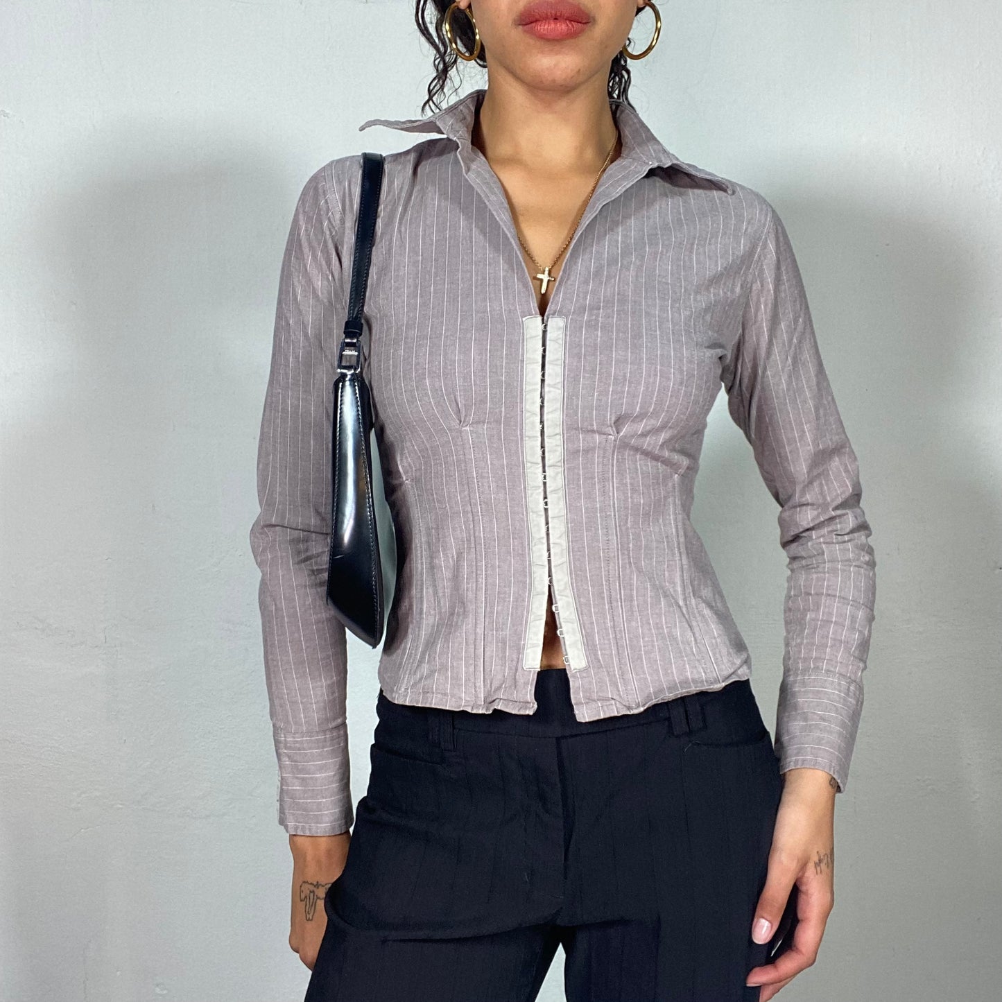 Vintage 2000's Model of Duty Grey Pinstripes Shirt with Silver Hook Closure(S)
