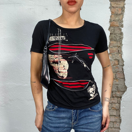 Vintage 2000's Punky Black Shirt with Zipper and Chain Details (S)