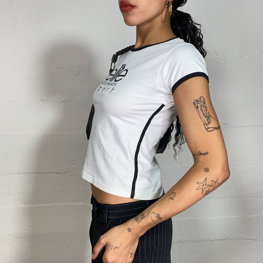 Vintage 90's Elite Model Off Duty White Top with Black Trim and Print (S)