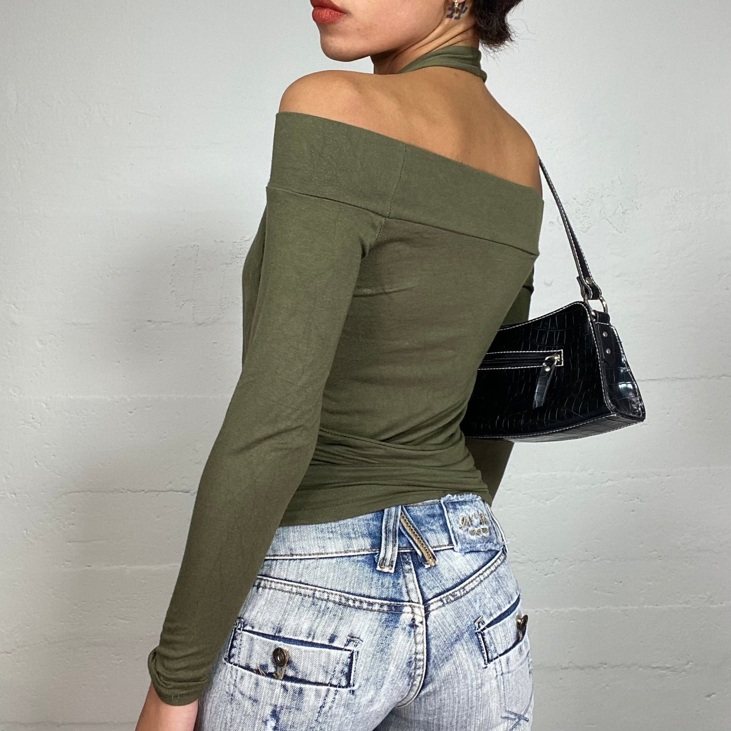 Vintage 2000's Grunge Khaki Off Shoulder Longsleeve Top with Layered Neckholder Top (S)