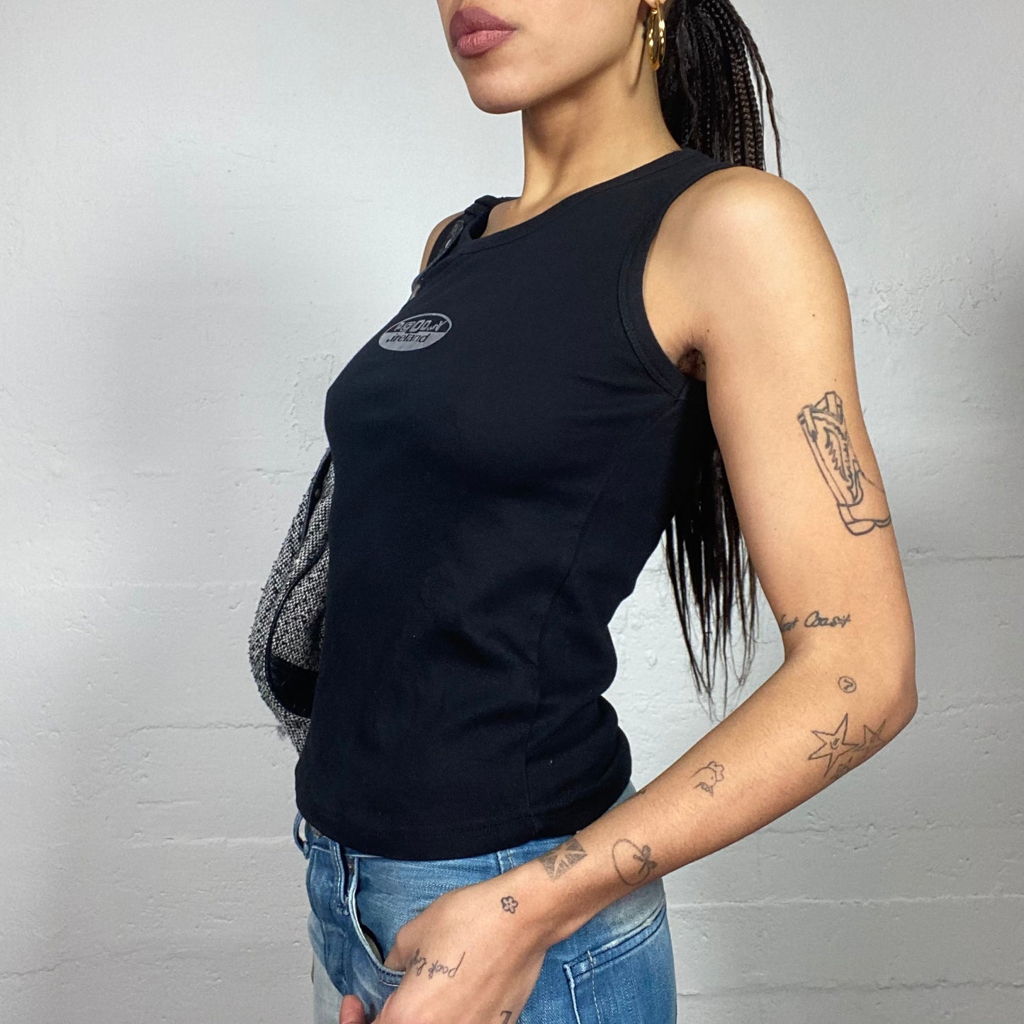Vintage 2000's Downtown Girl Black Top with "P@dowy" Silver Print (S)