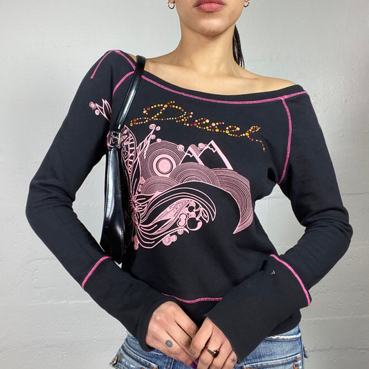Vintage 2000's Diesel Girl Pop Black Open Neck Longsleeve Top with Pink Disco Print (M)