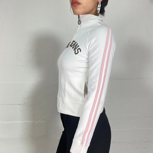 Vintage 2000's Pepe Jeans Sporty White Zip Up Sweater with Pink Stripes (S)