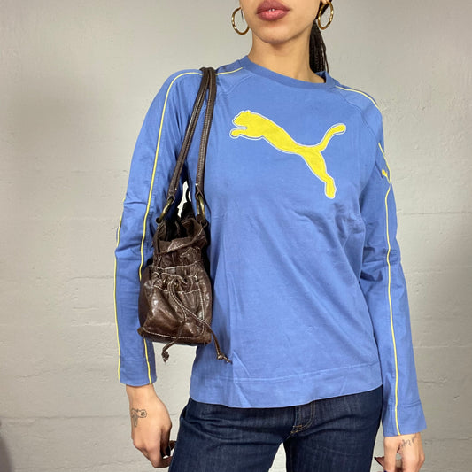 Vintage 2000's Puma Sporty Blue Longsleeve Top with Yellow Brand Logo Print (M)