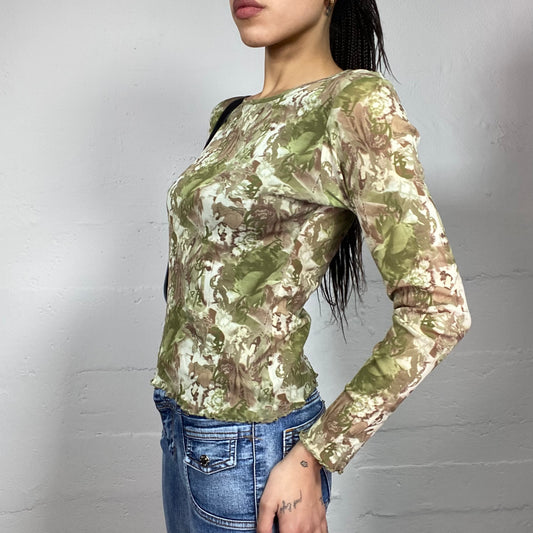 Vintage 90's Phoebe Buffay Khaki Longsleeve Top with Floral and Nature Print (S)