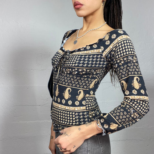 Vintage 90's Boho Black Longsleeve Top with Brown Mosaic Print (S)