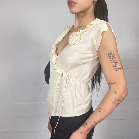 Vintage 90's Coquette Off White Wrapped Frilled Neckline Top (S/M)