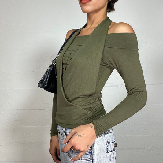 Vintage 2000's Grunge Khaki Off Shoulder Longsleeve Top with Layered Neckholder Top (S)