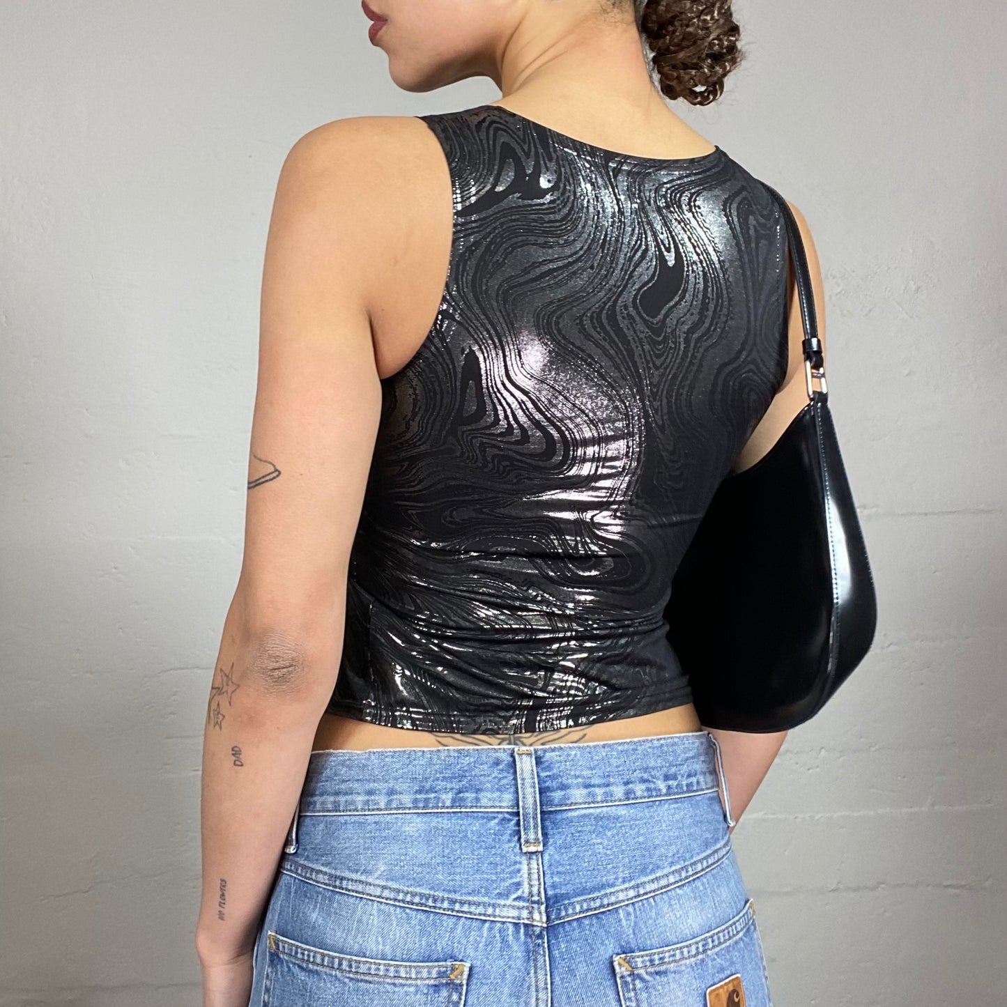 Vintage 2000's Clubwear Black Top with Silver Wavy Print and Slit Detail (S)