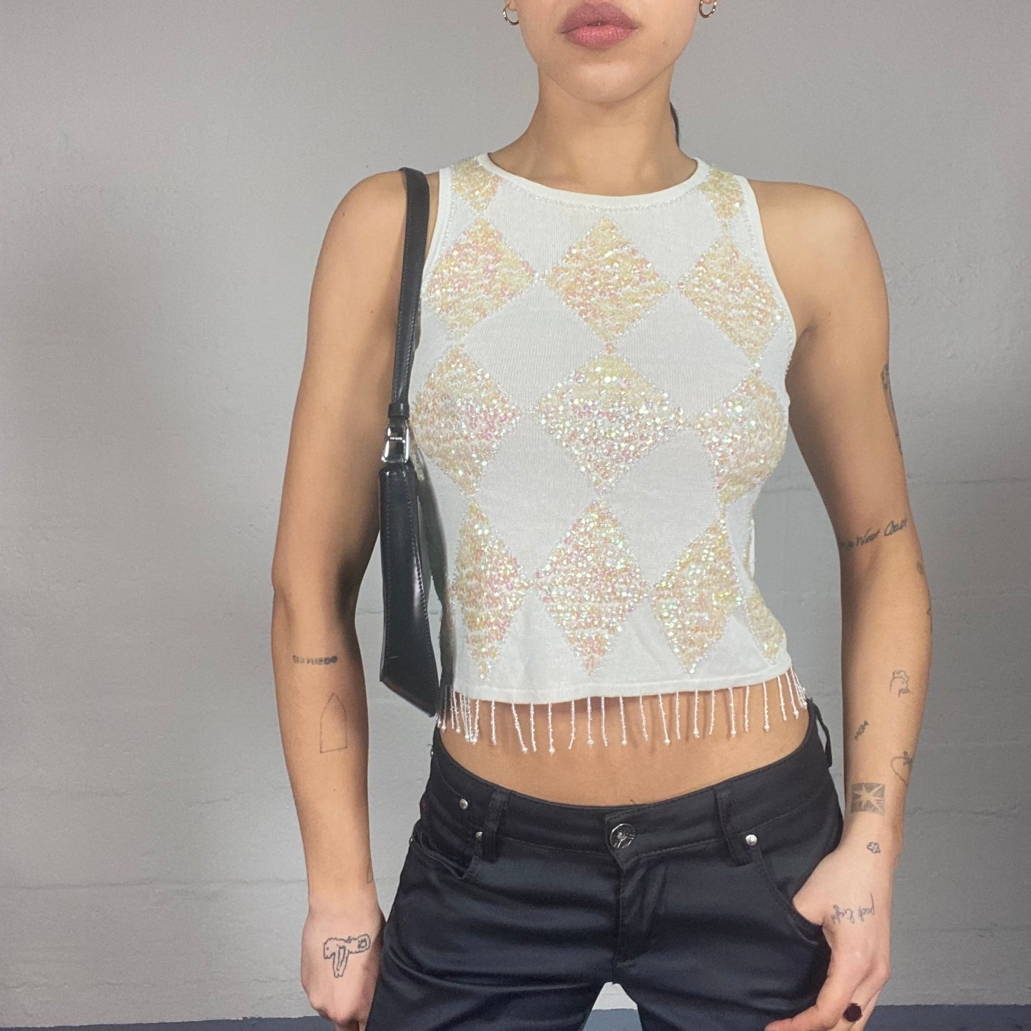 Vintage 90's Funky White Crop Top with Diamonds Print and Rhinestones Detail (S)