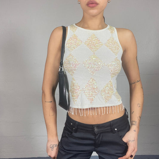 Vintage 90's Funky White Crop Top with Diamonds Print and Rhinestones Detail (S)