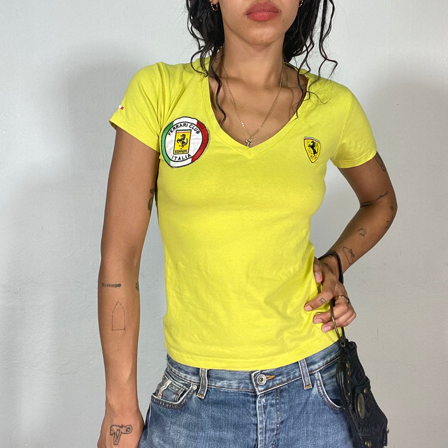 Vintage 2000's Ferrari Wag Style Yellow Top with Patched Logos (S)