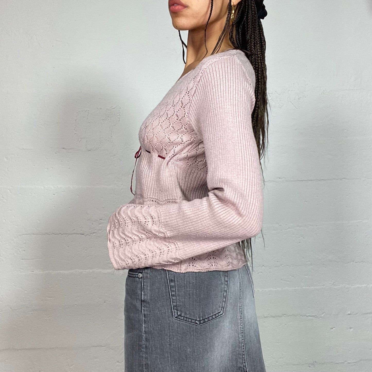 Vintage 2000's Ballet Pastel Pink Knitted Top with Lacing Detail (S/M)
