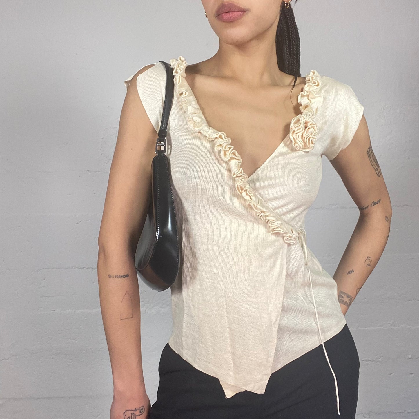 Vintage 90's Coquette Off White Wrapped Frilled Neckline Top (S/M)