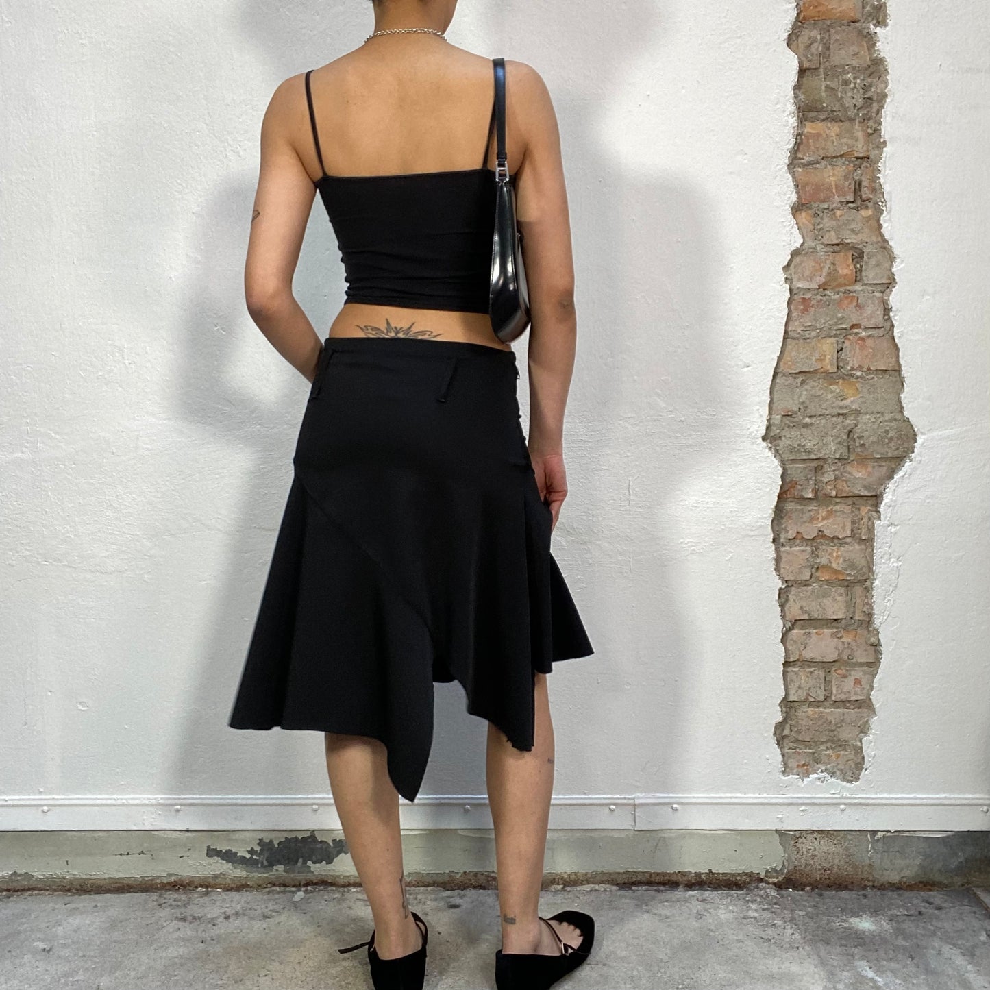 Vintage 2000's Sleaze Black Midi Skirt with Asymmetrical Hem (S)