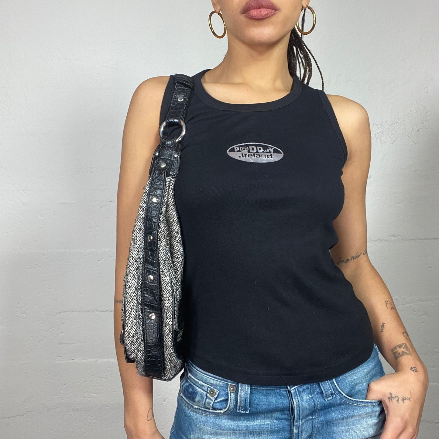Vintage 2000's Downtown Girl Black Top with "P@dowy" Silver Print (S)