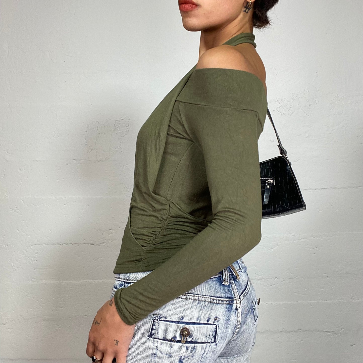 Vintage 2000's Grunge Khaki Off Shoulder Longsleeve Top with Layered Neckholder Top (S)