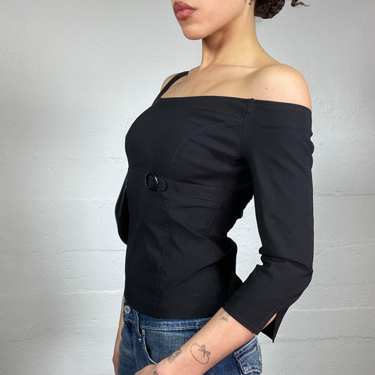 Vintage 2000's Downtown Girl Black Off Shoulder Top with Waist Belt Detail (S)
