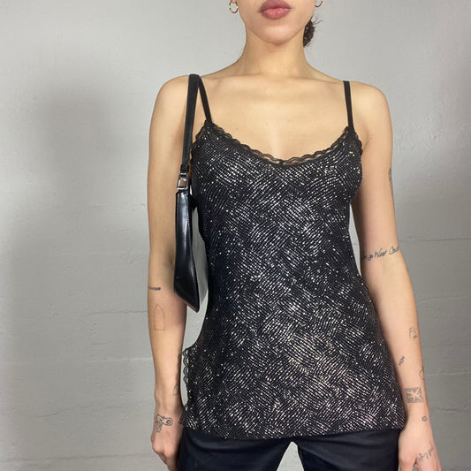 Vintage 90's Clubwear Black Top with Lace Trim and Silver Glitter Covering (S/M)