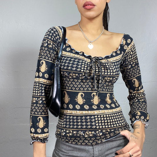 Vintage 90's Boho Black Longsleeve Top with Brown Mosaic Print (S)