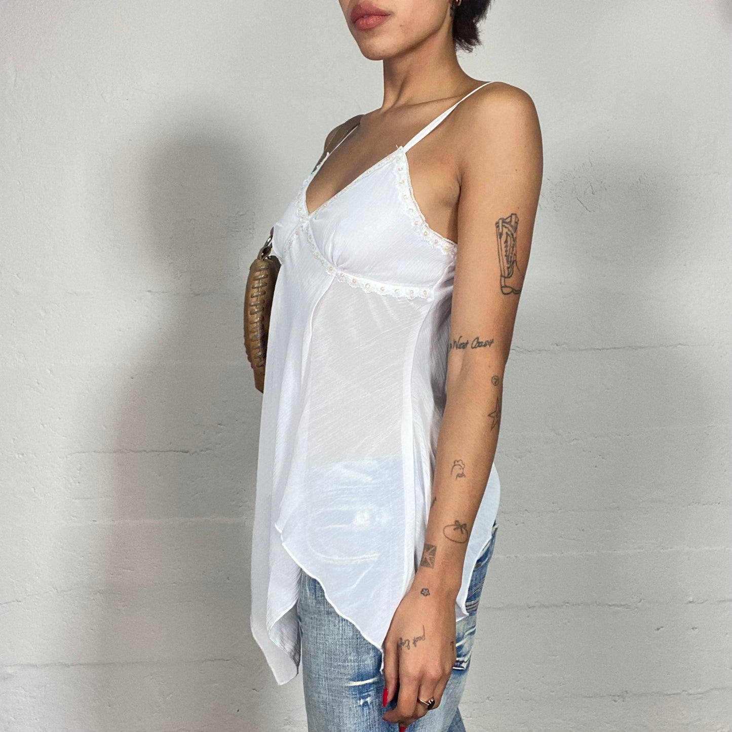 Vintage 2000's Soft Girl White Long Top with Asymmetric Cut and See Through Material (S)