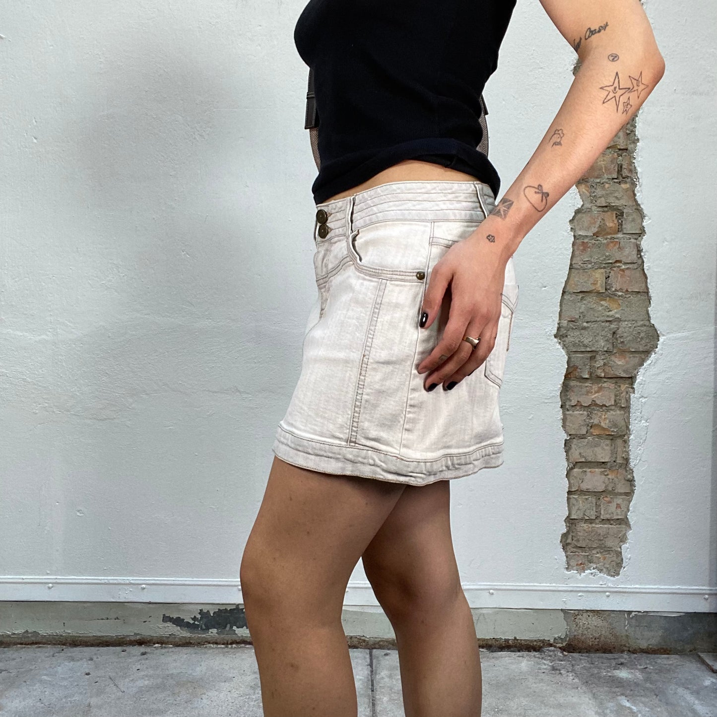 Vintage 2000's Sleaze Washed Out White Denim Mini Skirt (S)