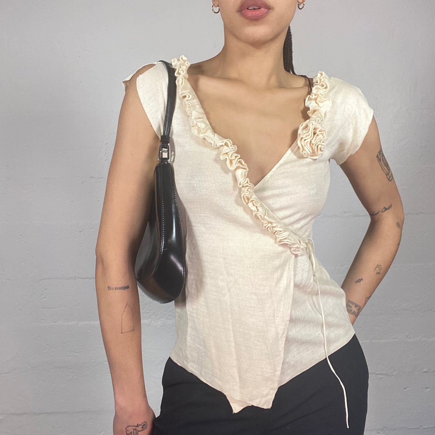 Vintage 90's Coquette Off White Wrapped Frilled Neckline Top (S/M)