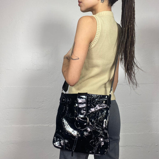 Vintage 2000's Model Off Duty Black Vinyl Crossbody Messenger Bag with Square Shape