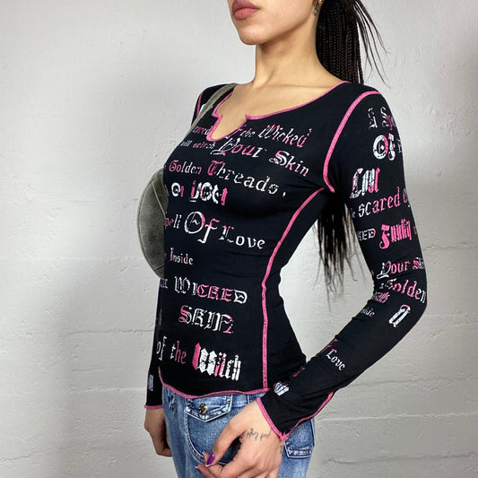 Vintage 2000's Downtown Girl Black Longsleeve Top with White and Pink Gothic Typography Print (S)