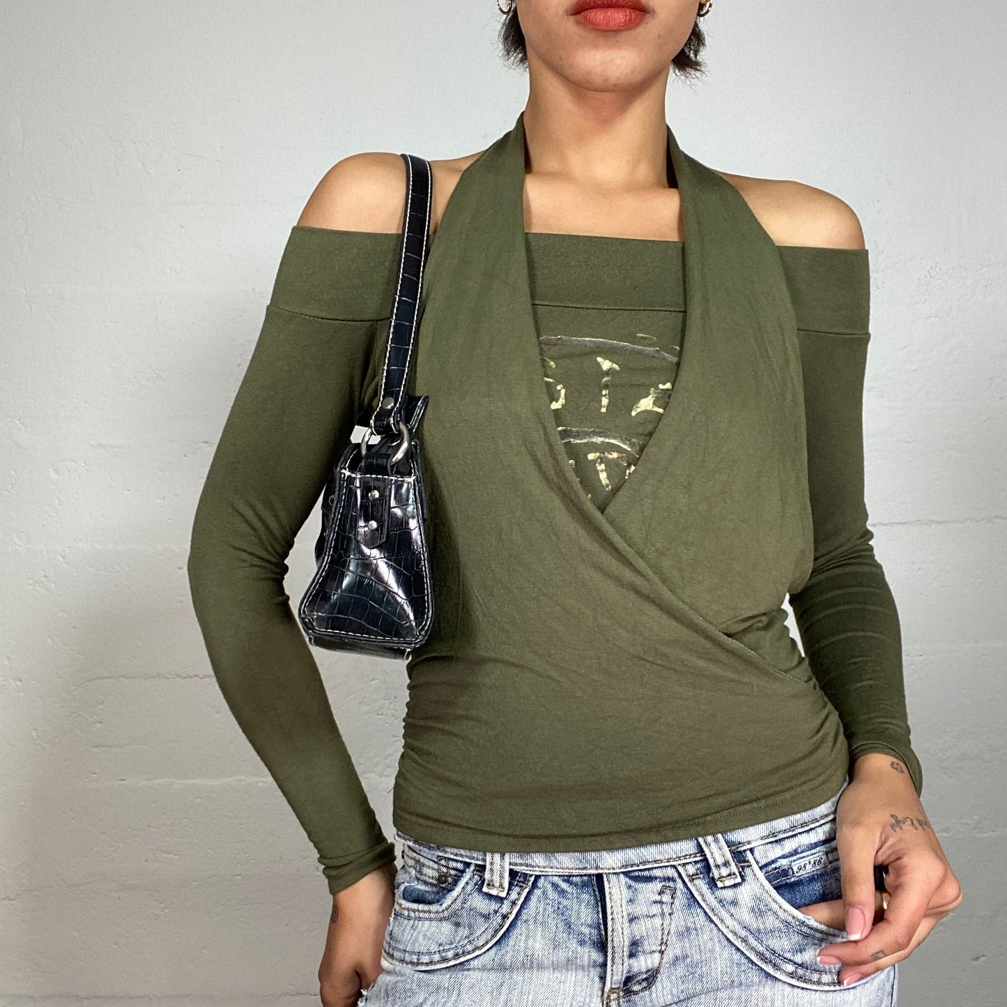 Vintage 2000's Grunge Khaki Off Shoulder Longsleeve Top with Layered Neckholder Top (S)