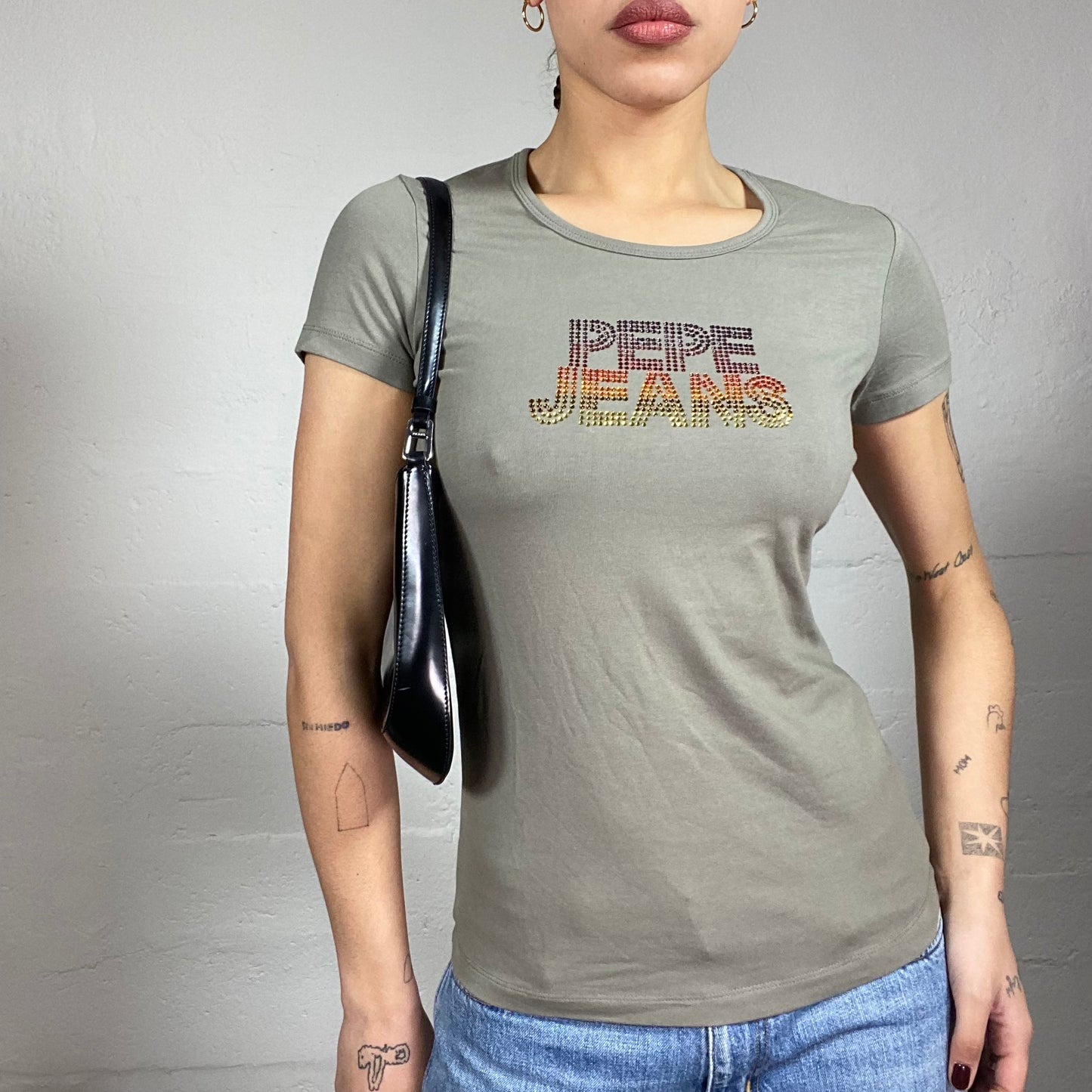 Vintage 2000's Pepe Jeans Downtown Girl Khaki Top with Brand Strass Print (S)