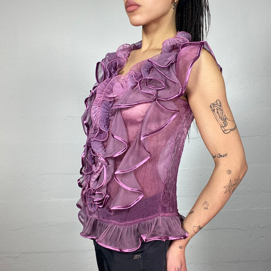 Vintage 2000's Romantic Girl Purple Top with Maxi Frilled Material Detail (S)