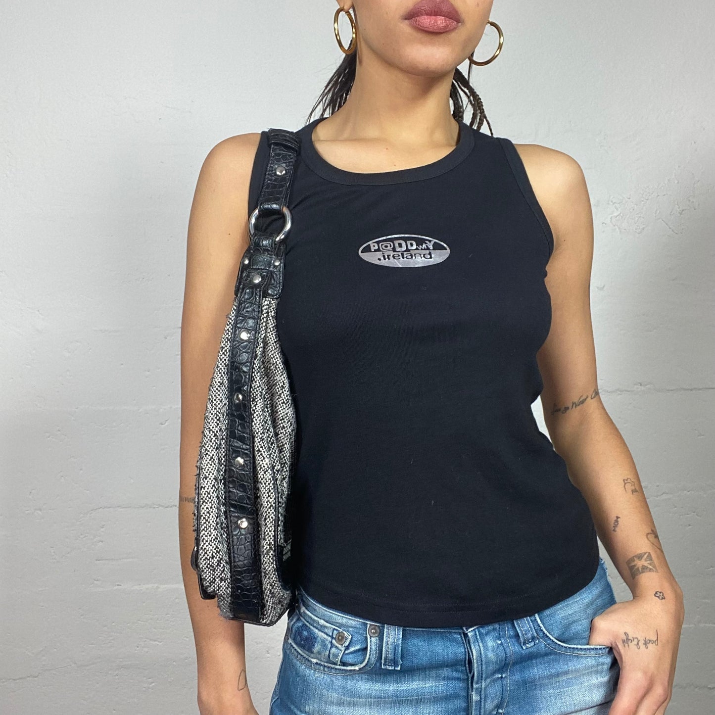 Vintage 2000's Downtown Girl Black Top with "P@dowy" Silver Print (S)
